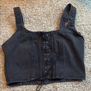 Black Lace-Up Denim Crop Top